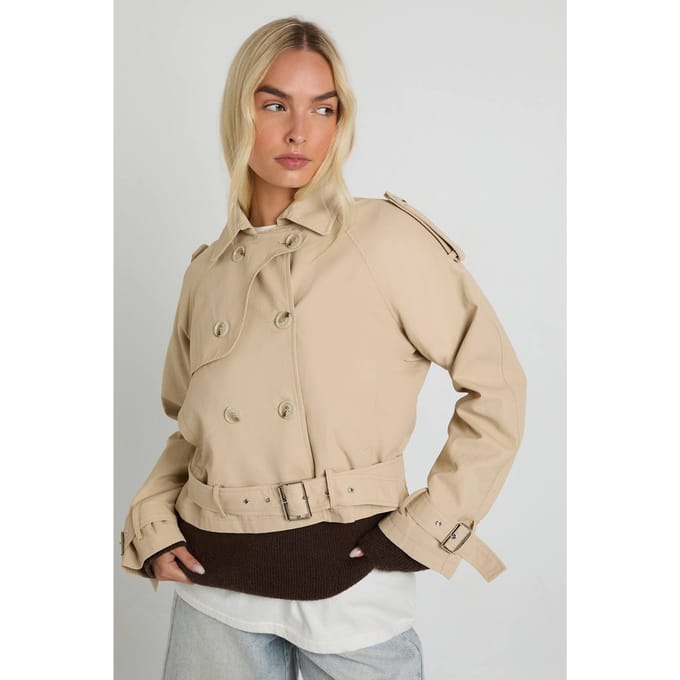 boohoo Dames Gordelde korte trench | Steen | Maat: 42