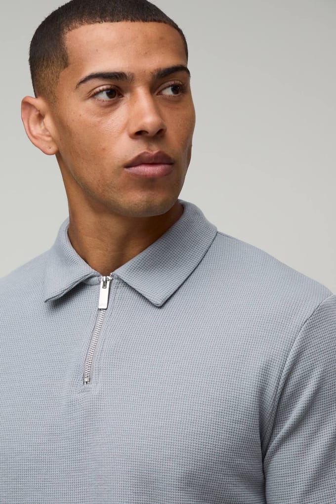 Slim Fit Waffle Zip Neck Polo & Shorts Set | Charcoal | Size XL