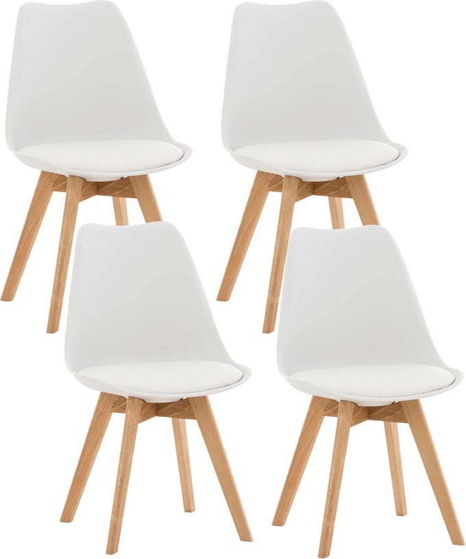 CLP Set van 4 Eetkamerstoelen Linares - met rugleuning - beukenhouten frame - Kunststof/wit