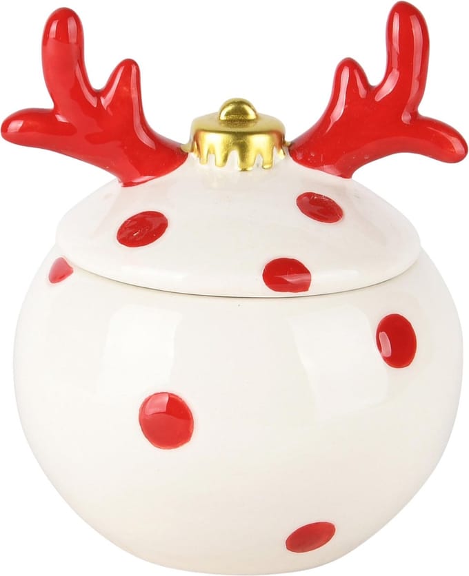 Dekoratief | Bewaarpot kerstbal m/gewei, wit/rood, keramiek, 10x10x12cm | A245794