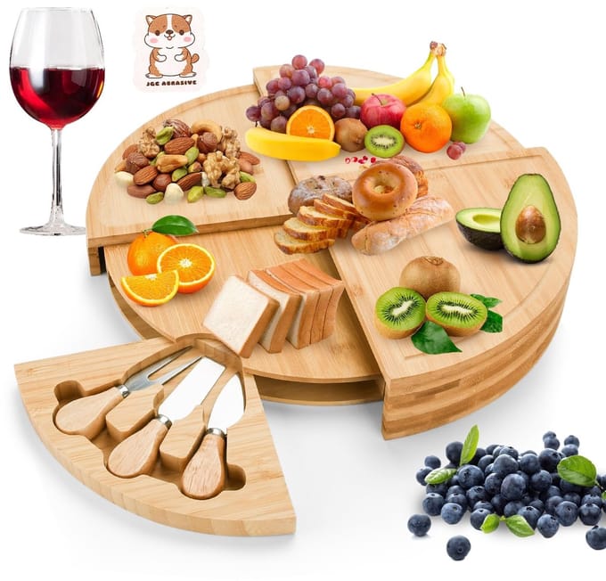 Dailygoods- Kaasplank Roterend Design - Bamboe - Antislipbasis - Kaasmessen Set - Multifunctionele Serveerset - Ruimtebesparend - Kaasboard