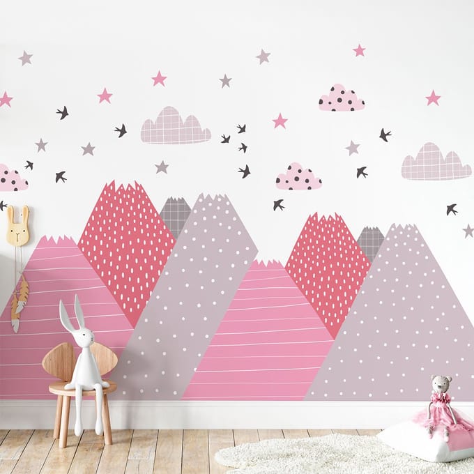 Kinderstickers met Scandinavische bergen, roze, 110 x 165 cm
