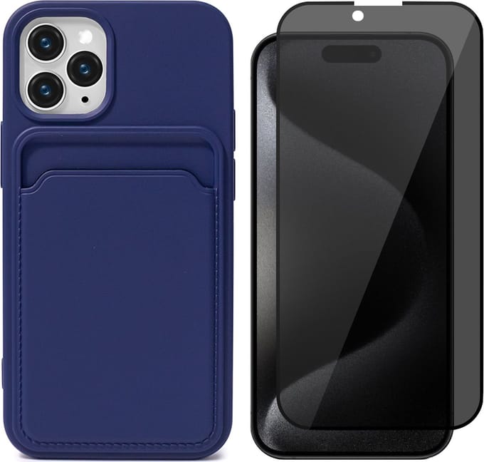 Hoesje Pasjeshouder geschikt voor iPhone 15 Pro - Privacy Screenprotector FullGuard - Siliconen Case Back Cover Blauw & Screen Protector