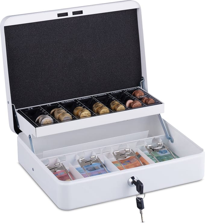 geldkistje met telbord - met 2 sleutels - 8,5 x 30,5 x 24,5 cm - wit