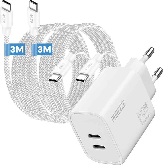 Phreeze usb C power adapter 40 W - Dual port GaN oplader met 2 usb C kabels - Snellader usb C - 3 meter