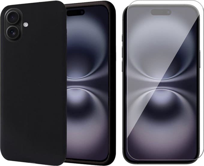 Hoesje geschikt voor iPhone 16 - Screenprotector Glas - Matte Case Zwart met Fluweelzachte Binnenzijde