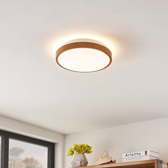 Lindby LED plafondlamp Mendosa, rond, licht hout, Ø 29cm