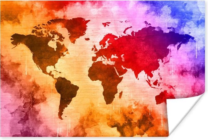 Poster Wereldkaart - Kleur - Abstract - 30x20 cm