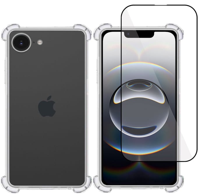 TechNow Hoesje + Screenprotector geschikt voor iPhone 16e – Full Screen Tempered Glass - Extreme Shock Case Transparant