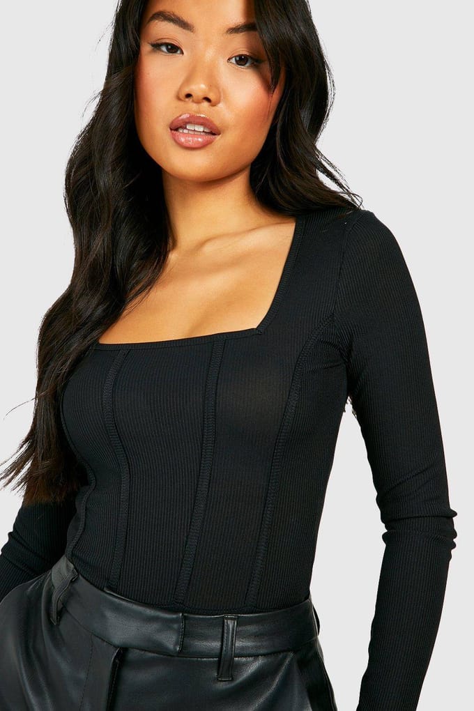 boohoo Dames Petite Rib Corset Bodysuit | Zwart | Maat: 34