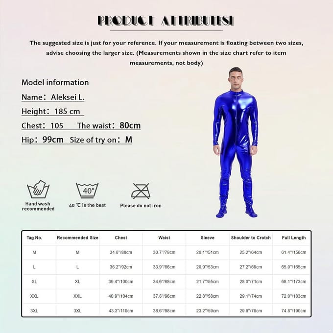 Glanzend Metallic Heren Bodysuit Jumpsuit met Ritssluiting voor Carnaval en Feest