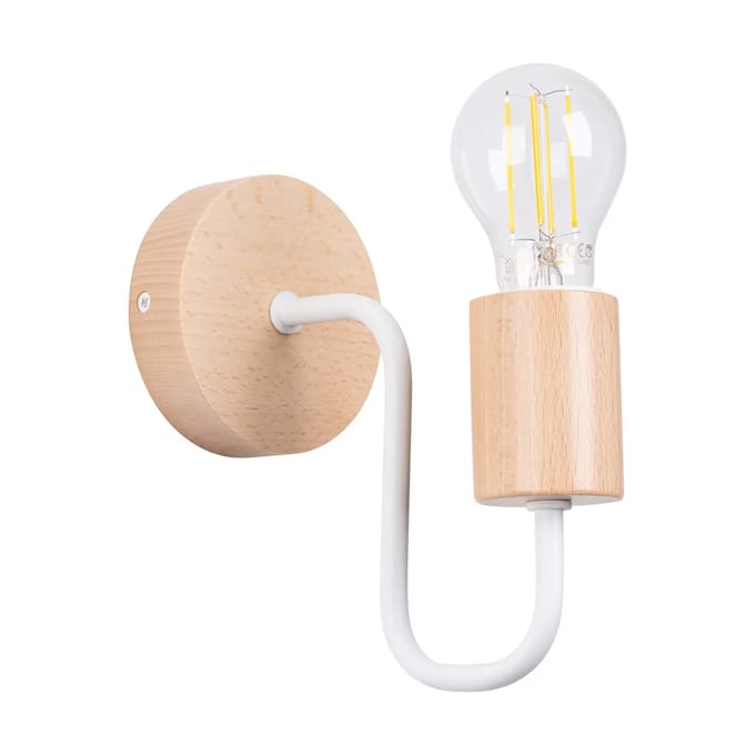 Wandlamp TIMBO van staal met houten accent - Sollux Lighting - IP20 - Wit/natuurlijk hout staal/hout behuizing - 8 x 19 x 18.5 cm - 1 x E27 LED, exclusief lichtbron - Max. 15 W - Industriële wandlamp voor gang, hal en keuken
