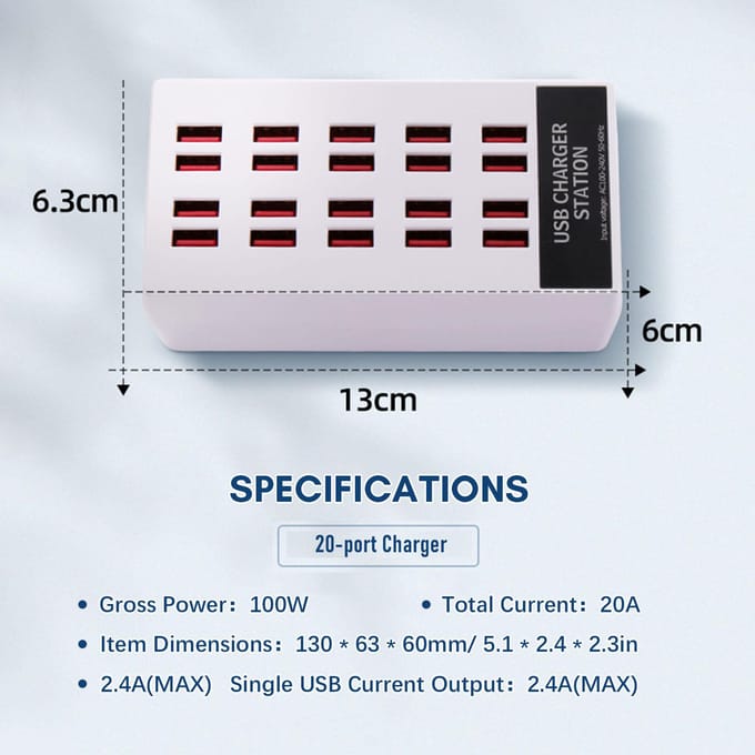 100W USB-oplaadstation USB-stekkerlader 20-poorts bureaulader Compatibel met IOS en Android US Plug wit