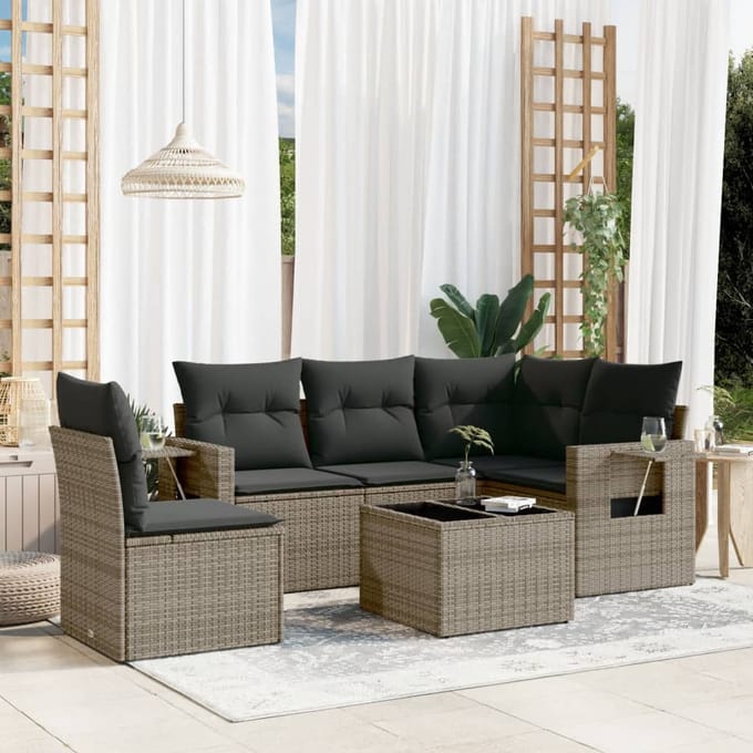 vidaXL - 6-delige - Loungeset - met - kussens - poly - rattan - grijs