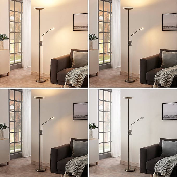 Lindby LED vloerlamp Jonne, rond, leesarm, dimbaar, 180 cm