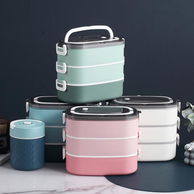 Meerlaagse lunchbox roestvrij staal verzegeld lekvrij magnetronverwarming handige handgreep lunch gray