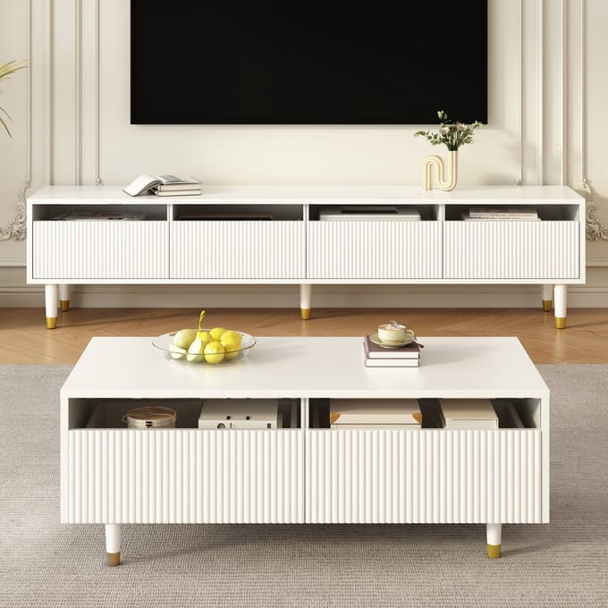MODFU - Woonkamerset - LED-Verlichting En Opbergruimte - Golfstructuur - Modern - MDF - Wit