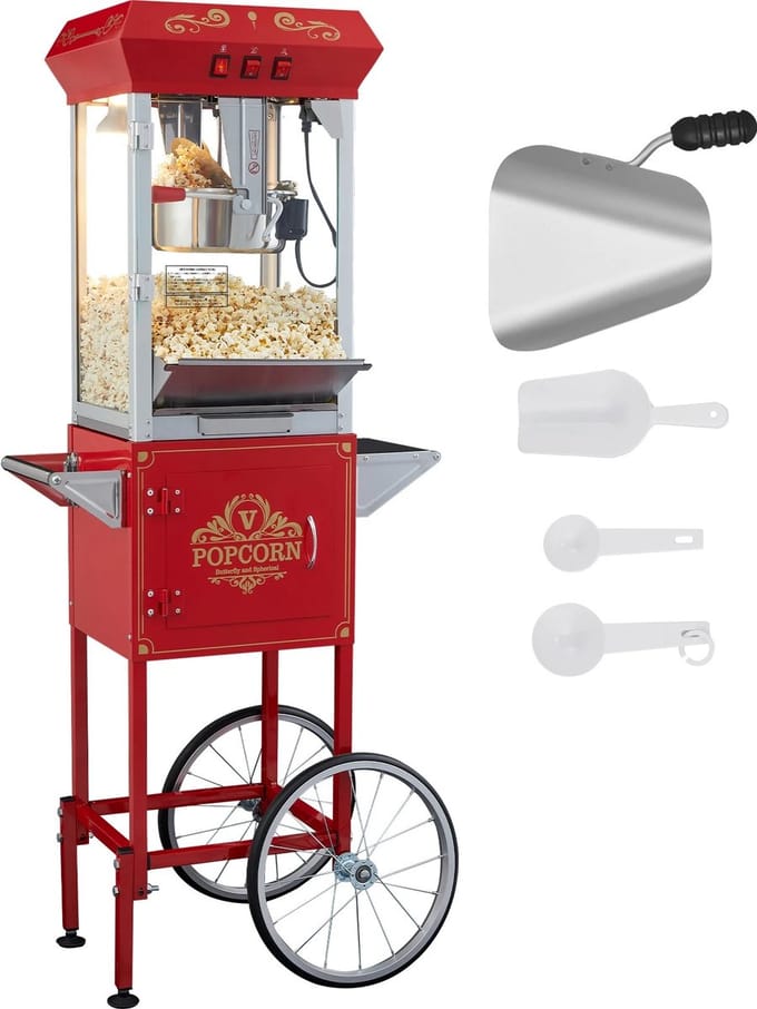Sensova - Popcornmachine met Kar - Popcornmaker 8 Oz - 48 Kopjes per Batch - Met Gehard Glas & Accessoires