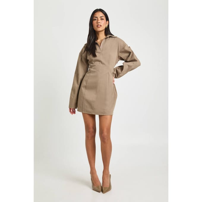 boohoo Dames Twill Blousejurk met Getailleerde Taille | Gewassen Kaki | Maat: 36