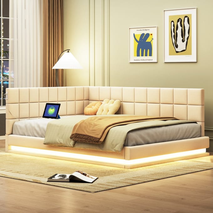 REDOM Bedframe 140x200 cm – Fluweel beige – Slaapbank met LED-licht & USB-poort – Multifunctioneel