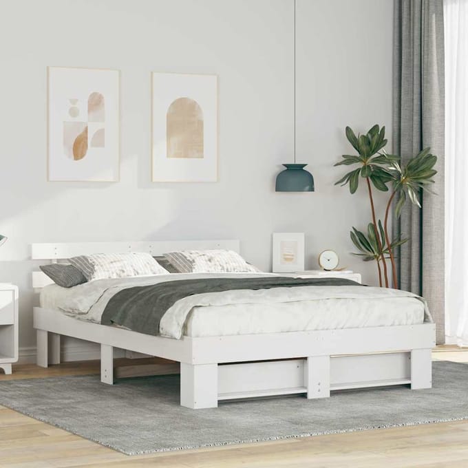 vidaXL - Bedframe - met - hoofdeinde - Wit - 150 - x - 200 - cm - Massief - grenenhout