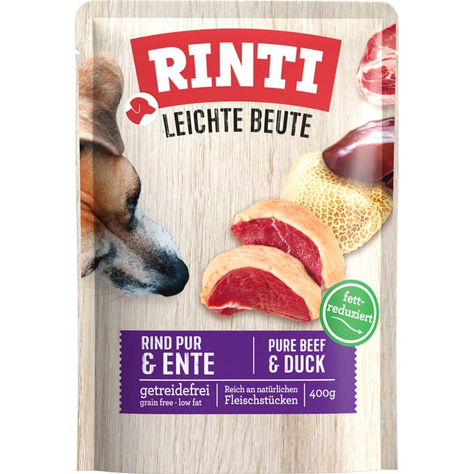 10x400g RINTI Lichte prooi puur rund & eend natvoer voor honden