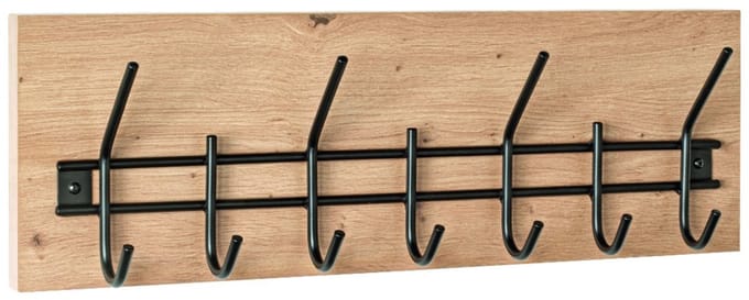 Kapstok – Licht eiken MDF met zwarte accenten – 7 stalen haken – 60 cm breed – Modern design