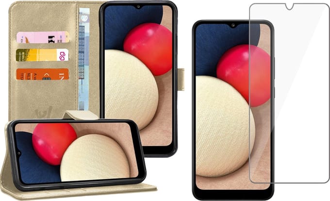 Hoesje geschikt voor Samsung Galaxy A02s - Screen Protector GlassGuard - Book Case Kunstleer Pasjeshouder Goud & Screenprotector