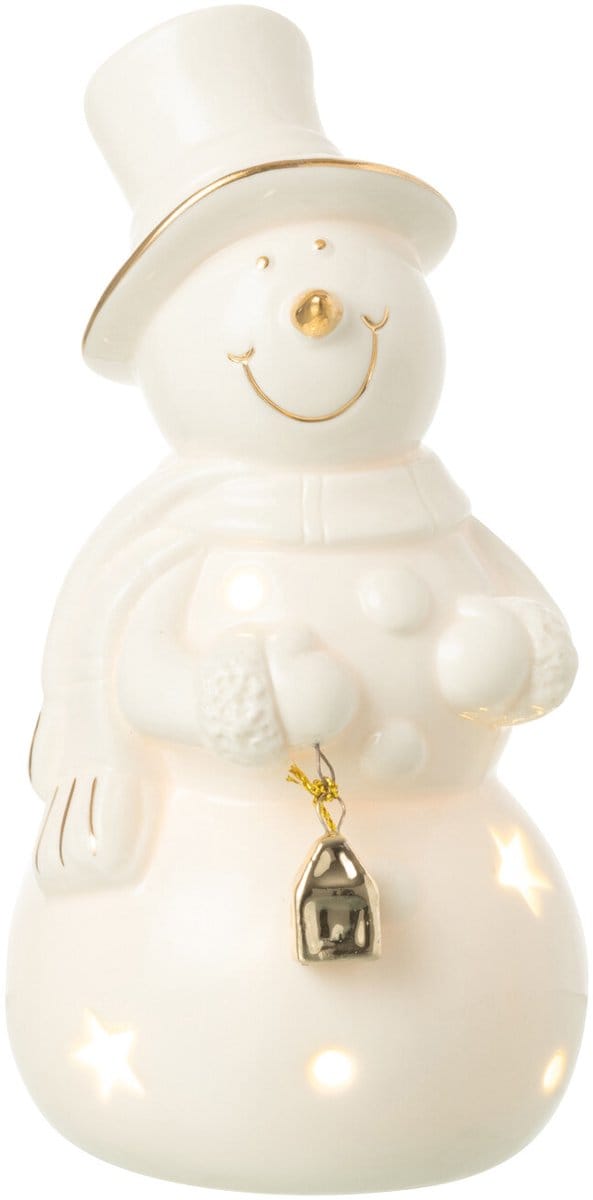 J-Line figuur Sneeuwman - porselein - ecru - medium - LED lichtjes