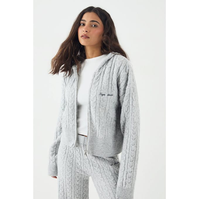 Dames DSGN Studio Kabelgebreide Hoodie met Rits | Ash Grey | Maat: 2XL