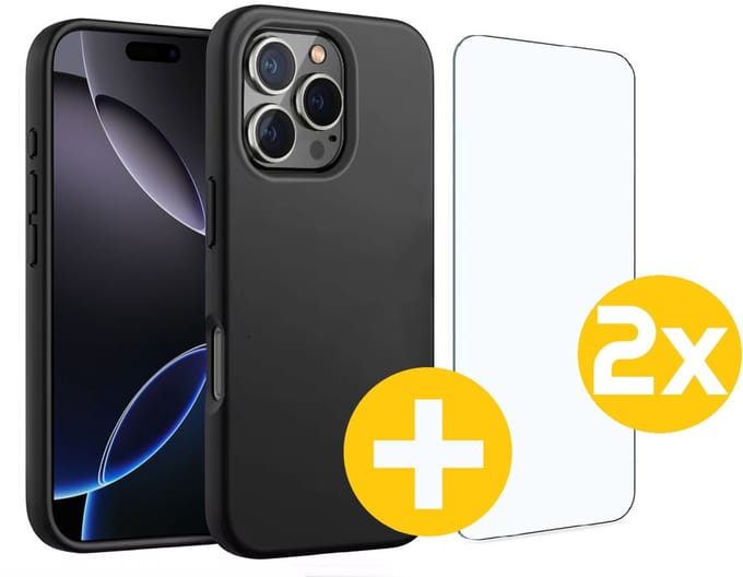 Hoesje en Screenprotector Combi Geschikt Voor iPhone 16 Pro - Zwarte Siliconen Hoesje + 2x Screenprotector