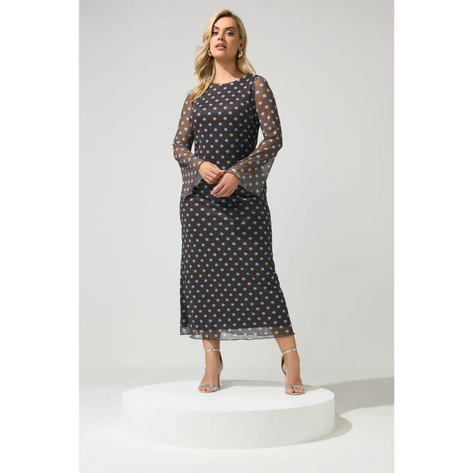 Yours London Chocoladebruine En Blauwe Meshjurk Met Stippen Size 52
