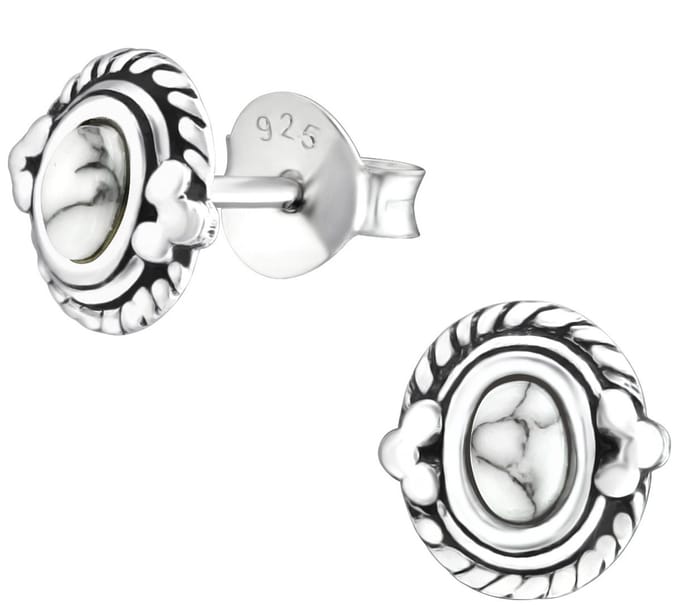 Joy|S - Zilveren Bali oorbellen - classic ovaal - 7 mm - howlite wit