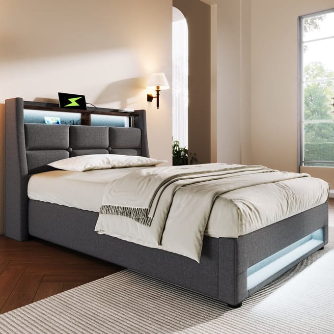 linnen gestoffeerd bed-Opbergruimte-90x200-Grijs-Gestoft bed met USB-LED (Zonder matras)