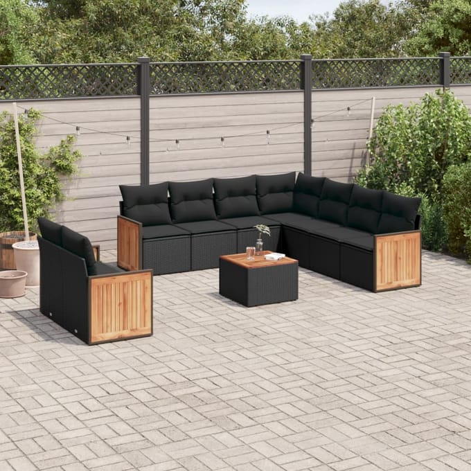 vidaXL - 10-delige - Loungeset - met - kussens - poly - rattan - zwart