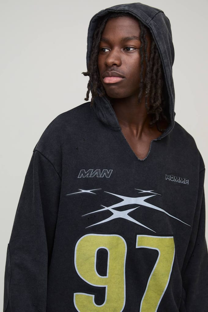 Oversized Boxy Versleten Gescheurde Nek Hoodie | Black | Size XS