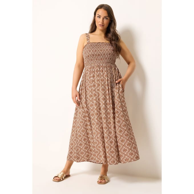 Yours Bruine Geometrische Geplooide Zomerjurk Size 50-52