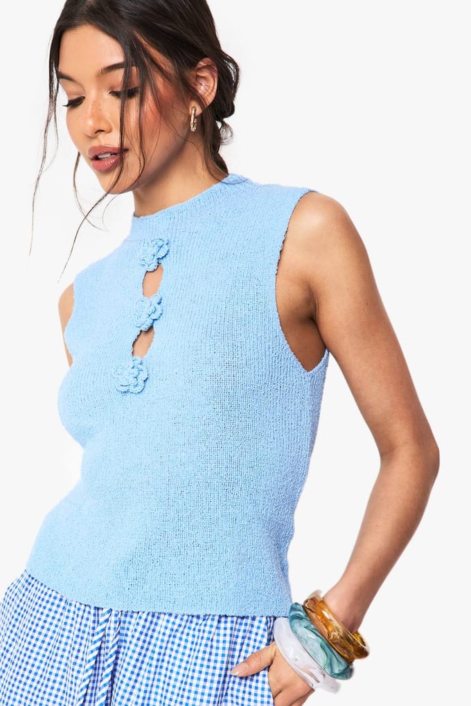 boohoo Dames Flower Detail Gebreide Top | Blue | Maat: Medium