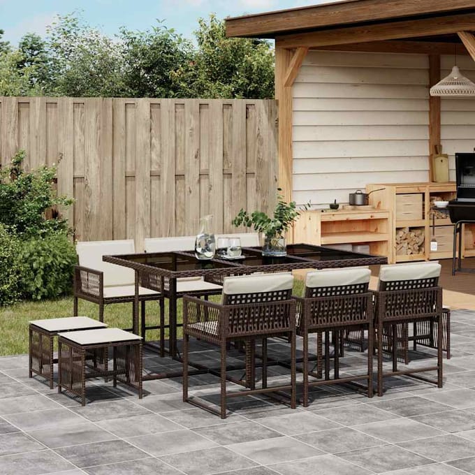 vidaXL - 11-delige - Tuinset - met - kussens - poly - rattan - bruin