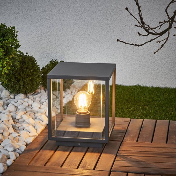 Lucande - Sokkellamp - 1licht - Aluminium, glas - H: 24.5 cm - E27 - donkergrijs, helder