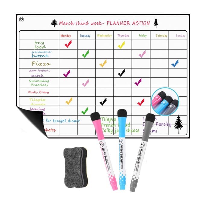 Calendrier magnétique effaçable à sec, tableau blanc, aimant de réfrigérateur, autocollants de messages quotidiens flexibles avec 3 tableaux style 3 blanc