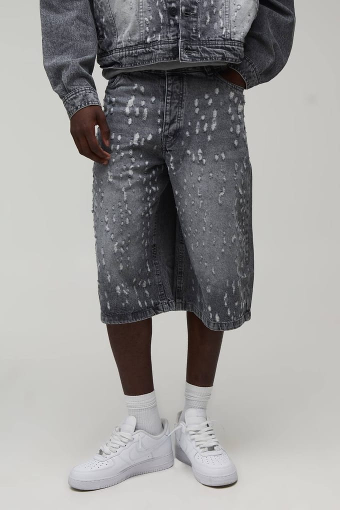 Extreme Distressed Longline Denim Jorts | Charcoal | Size 52