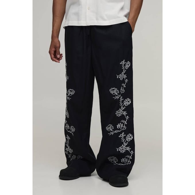 Wijde Linnen Blend Broek Met Geborduurd Naaddetail | Black | Size Large