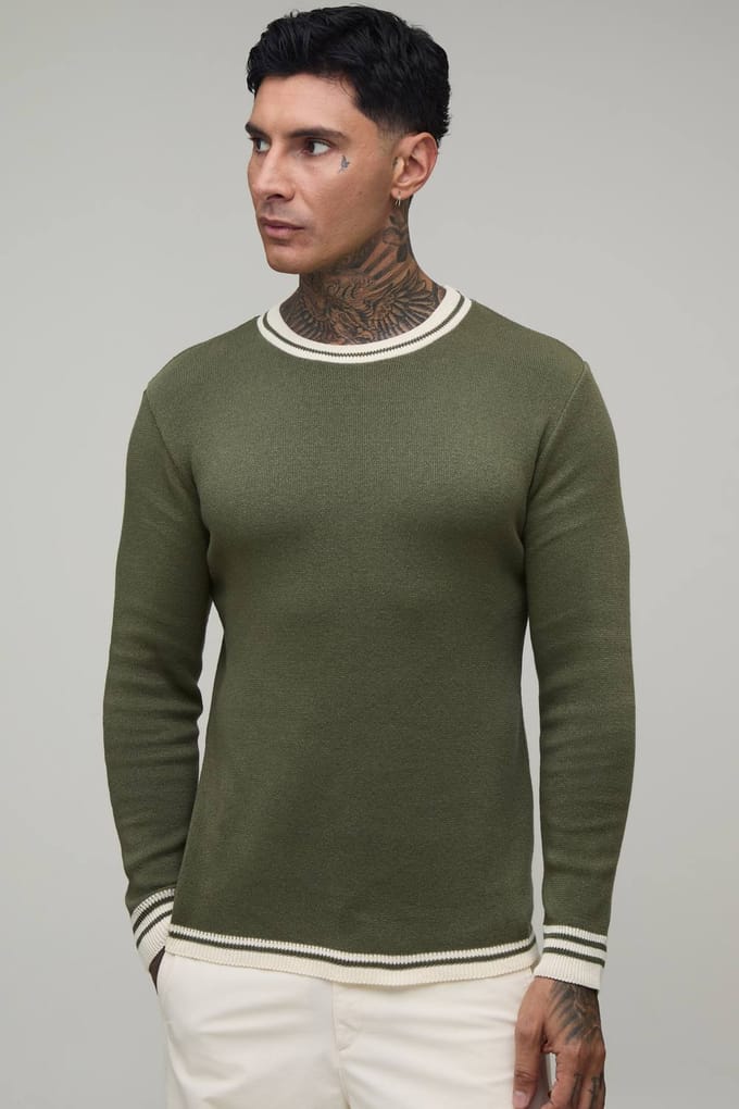 Lang Muscle Fit Gebreid T-shirt Van Katoenmix Met Contrasterende Afwerking | Olive | Size Medium