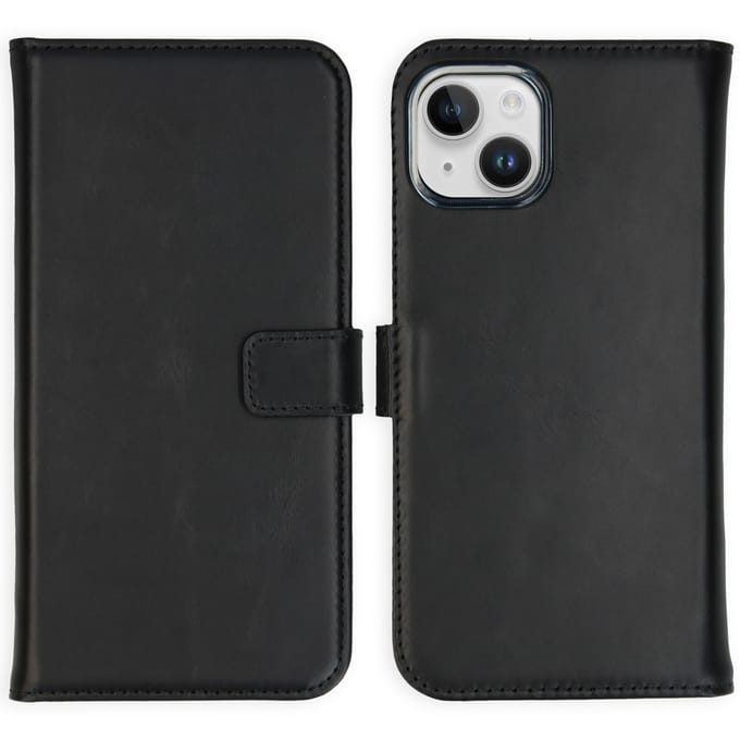 Selencia Hoesje - Geschikt voor Apple iPhone 15 Plus - Echt Lederen Bookcase - Zwart