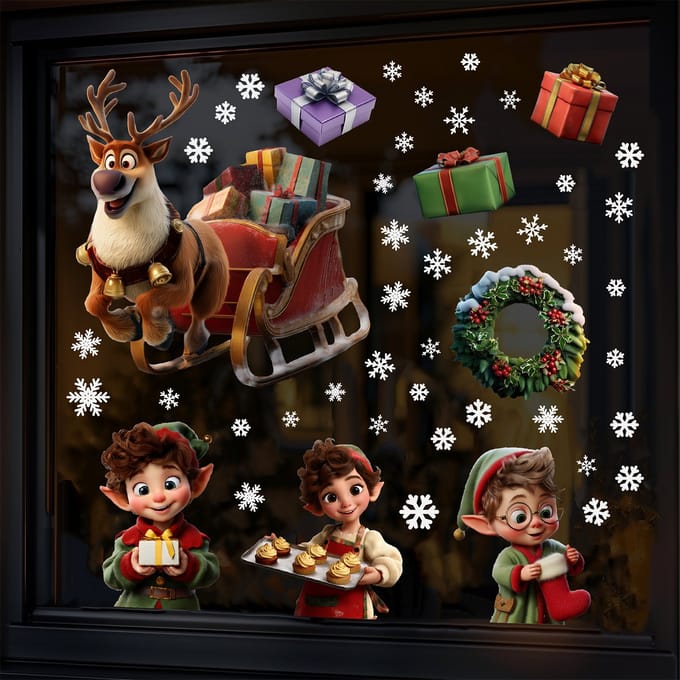 Raamstickers Kerst uitbreiding MEDIUM - Rendier, Elfjes, Cadeaus & sneeuwvlokken - Herbruikbare kerst stickers