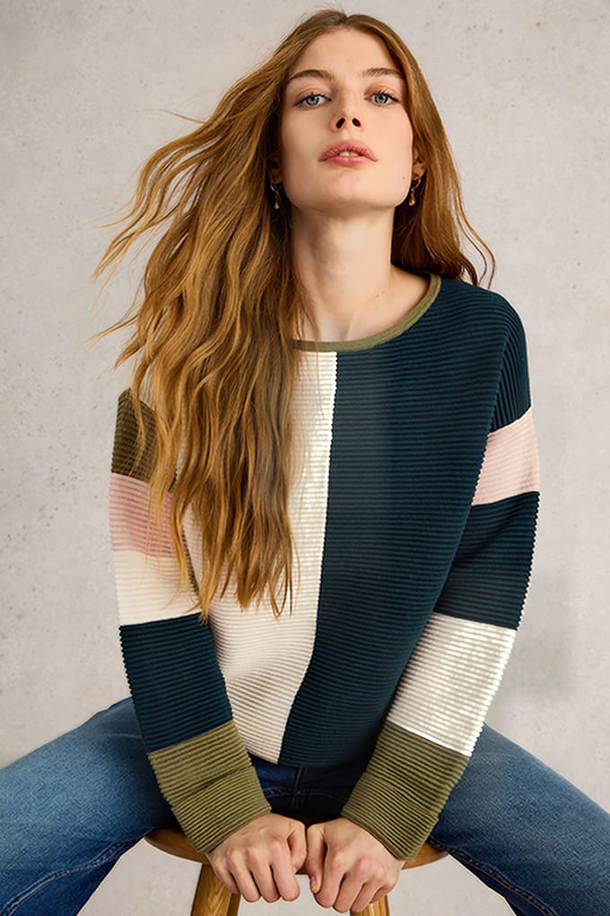 White Stuff Jana Colourblock Jumper Natural Multi Maat: 8 | Gebreide Truien Outlet | Dames