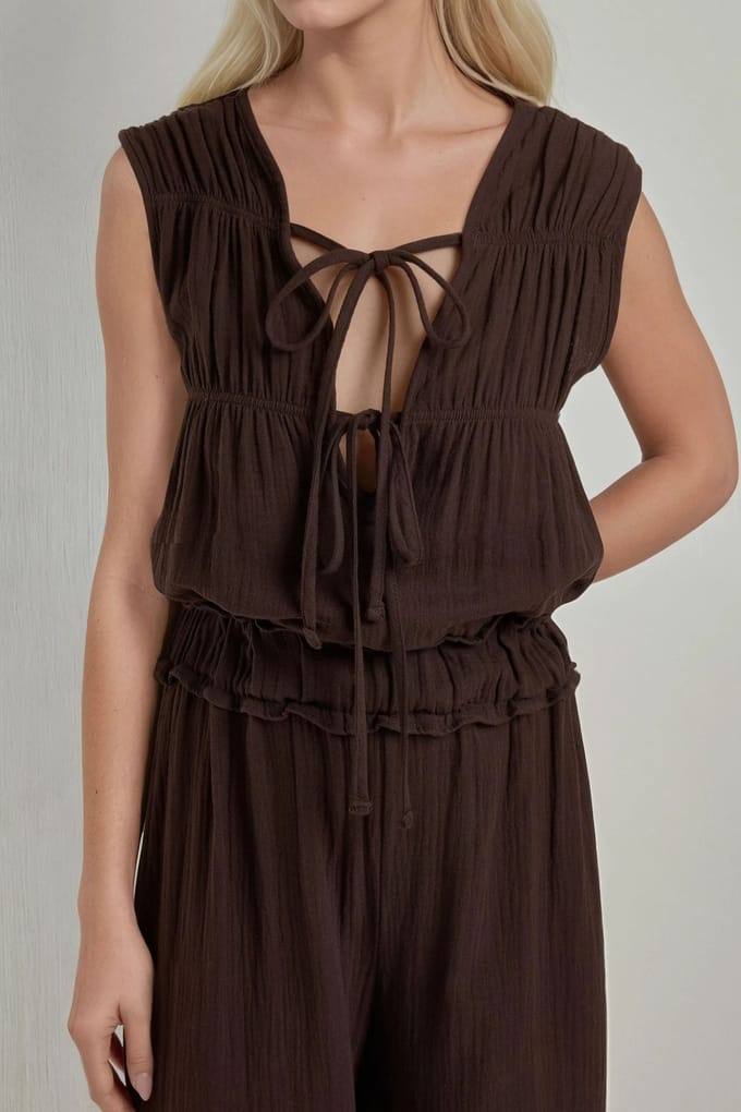 Gestructureerde Wijde Pantalon Jumpsuit met Ronde Hals