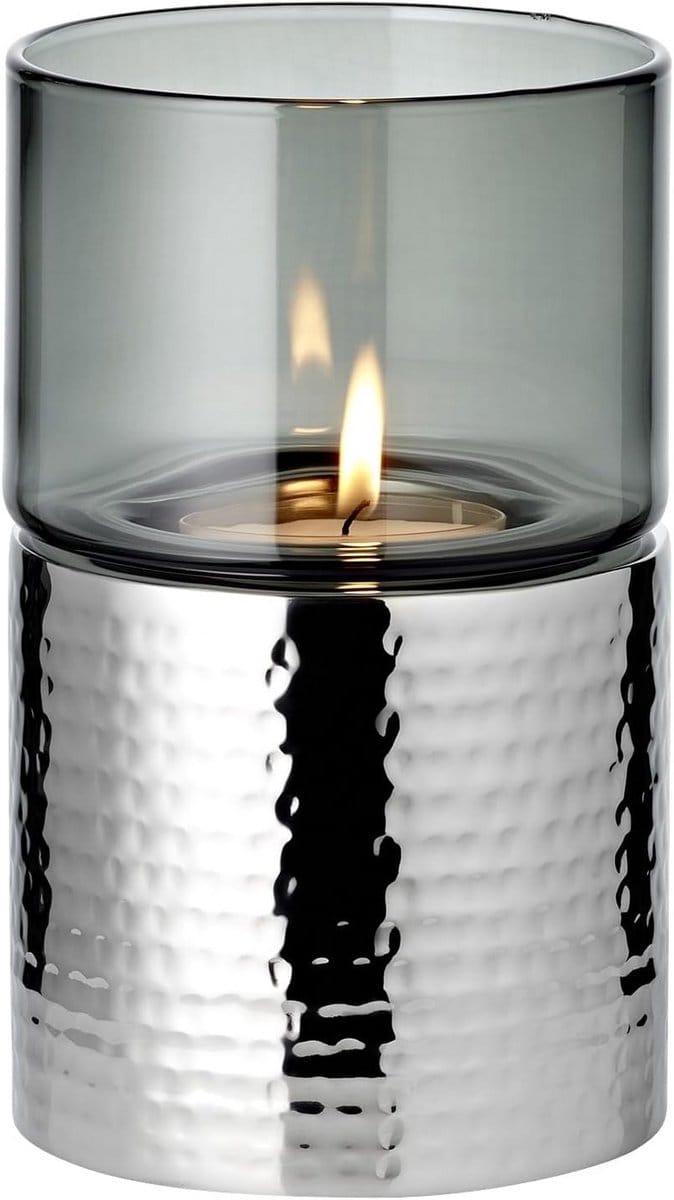 Theelichthouder - Windlicht Kaarshouder - Sfeerverlichting Creëren - Donker Glas Gehamerd - 18 cm hoog - Donker