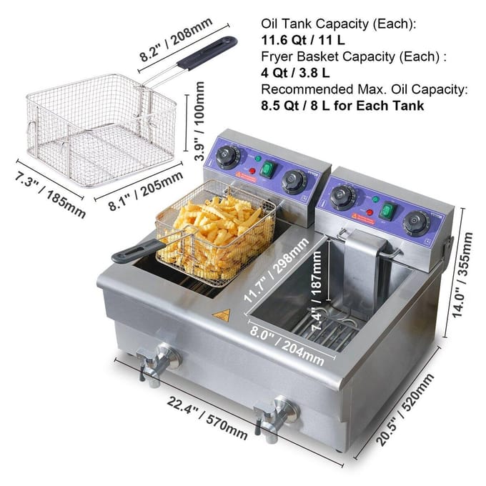 Friteuse Électrique Professionnelle sur Comptoir avec Double Bac 6000W